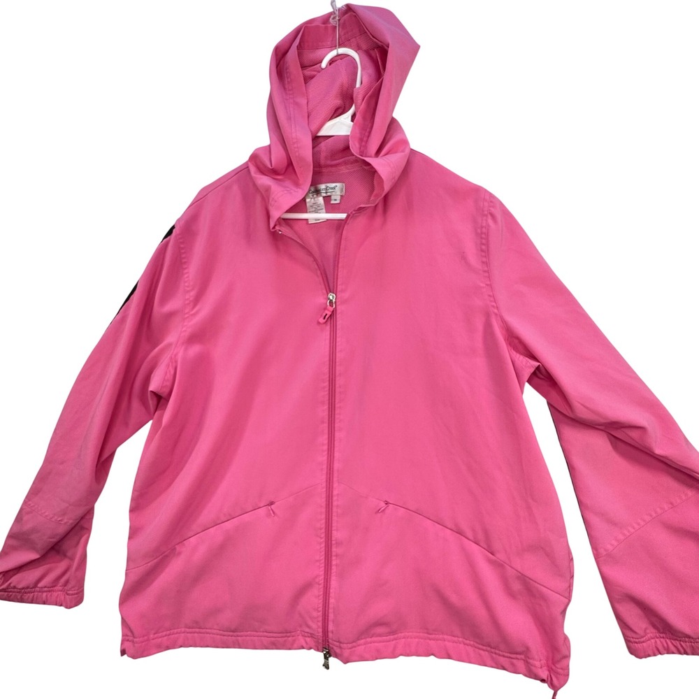 Coldwater Creek Windbreaker Spring Jacket Womens 1X Pink Striped Hooded Sporty